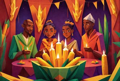 The image is a digital artwork featuring a group of people gathered around a table with a cornucopia in the center. The table is adorned with lit candles, creating a warm and inviting atmosphere. The people are sitting on chairs, with some of them wearing hats. The scene appears to be set in a festive environment, possibly during a celebration or a gathering. The visual style is a mix of realistic elements, such as the people and the table, and a more artistic approach,